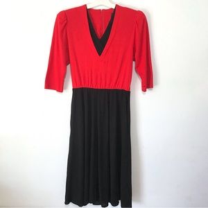 EJM Vintage Dress Womens Size 14 Red Black Midi 3/4 Sleeves Shoulder Pads V-Neck